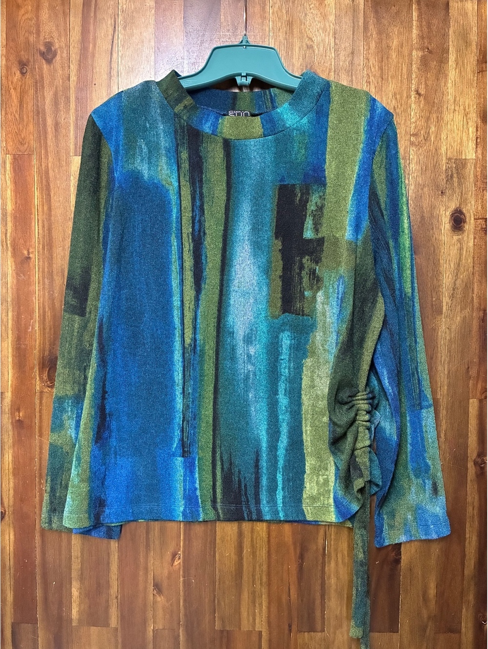 Clara Sun Woo Abstract Blue Green Ruched Tie Side Top Size M Artsy Boho